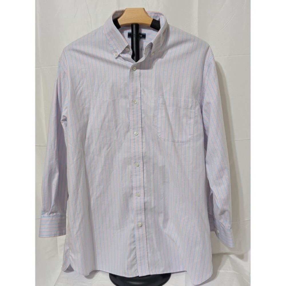 Lands End MensNo‎ Iron Oxford Shirt 16-32 Blue Pink Striped Traditional Fit